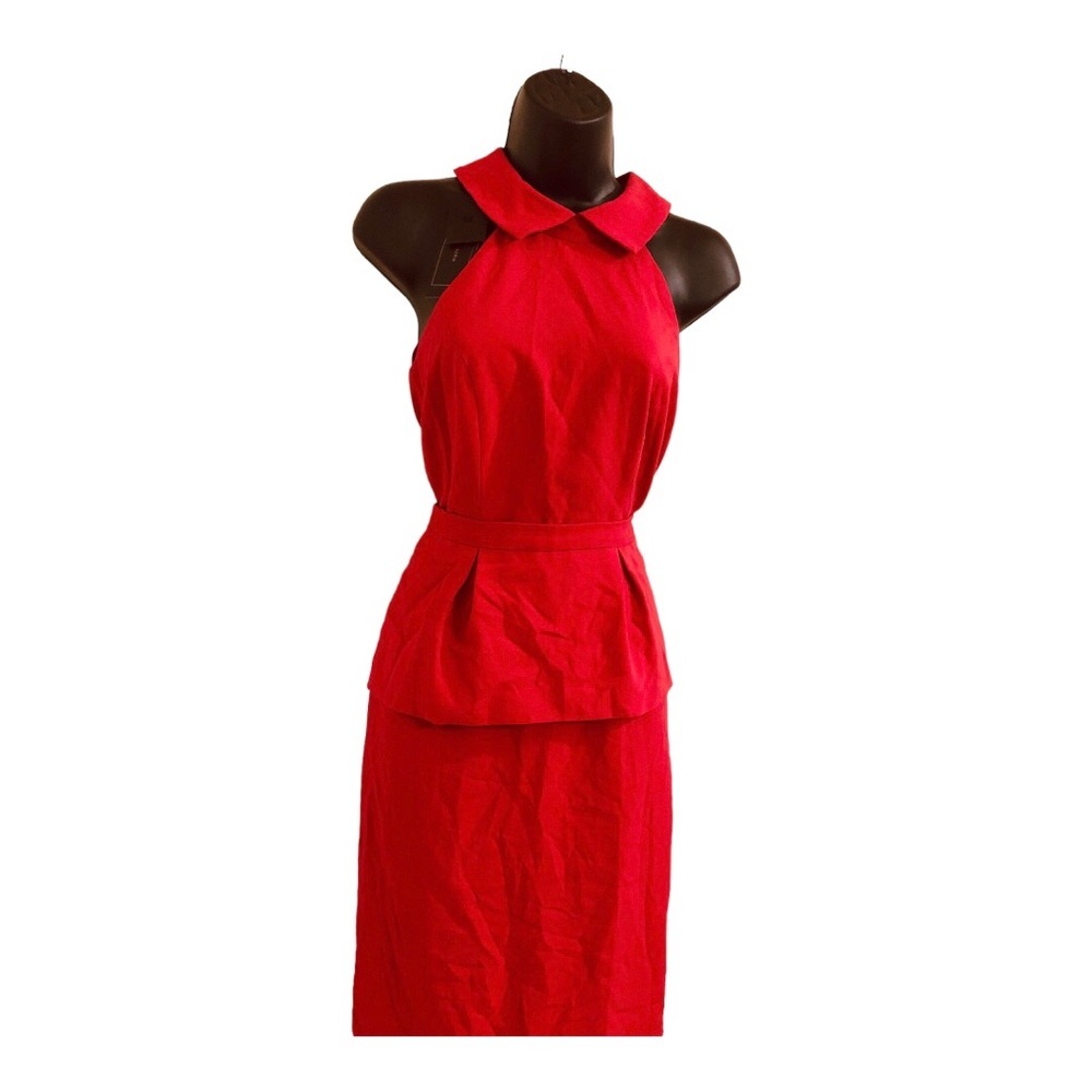 BCBGmaxazria rio red Peter Pan collar open back fitted peplum Tula dress size 4